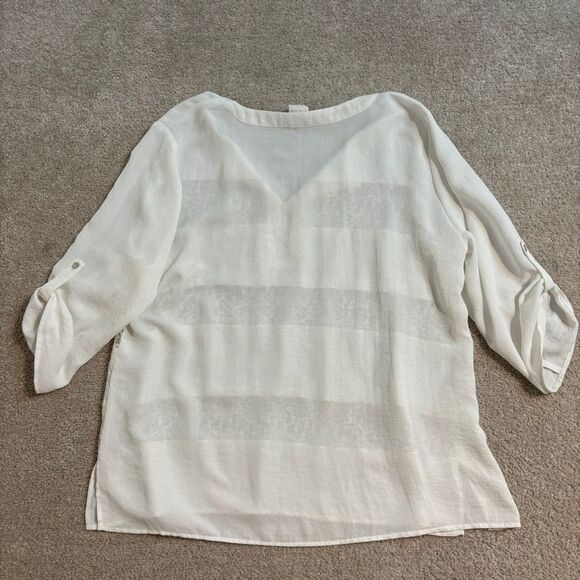 Chico's White Lace Panel Blouse Roll Tab Sleeve Split Neck Top Size 3, Large - Picture 2 of 9